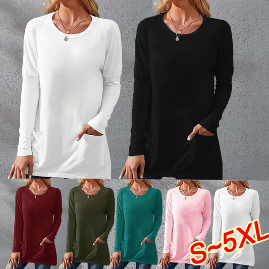 NEW Arrivals S-5XL Size 6 Colors Women's Versatile Long Sleeved T-Shirt Casual Autumn Spring Winter Solid Color Top Women's Pocket Pullover Loose T-Shirt Girls Casual Fashion Apparel Accessories