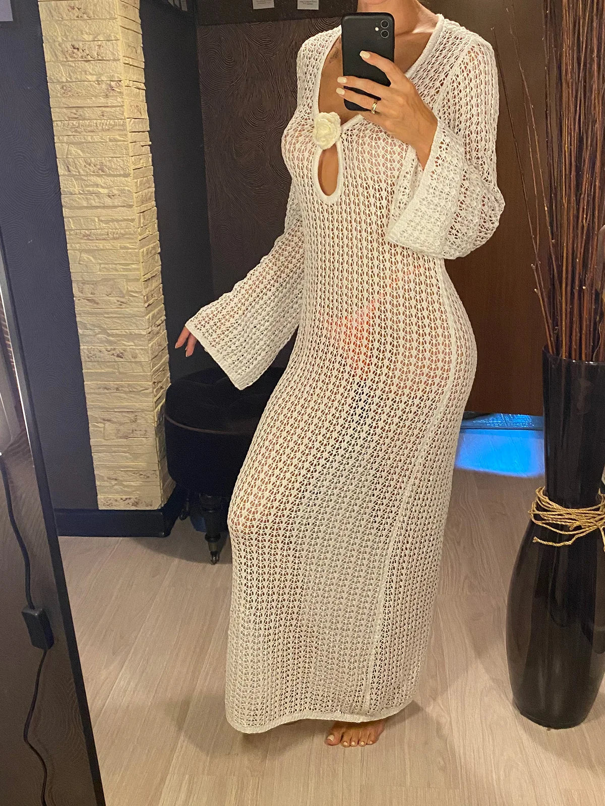 NEW Arrivals UK Size 4 Colors Handmade 3D Flower V-Neck Long Sleeve Crochet Knitted Tunic Beach Cover Up Cover-Ups Beach Women Dress Beach Wear  Ladies Swimsuit Cover Up Sexy Maxi Dress