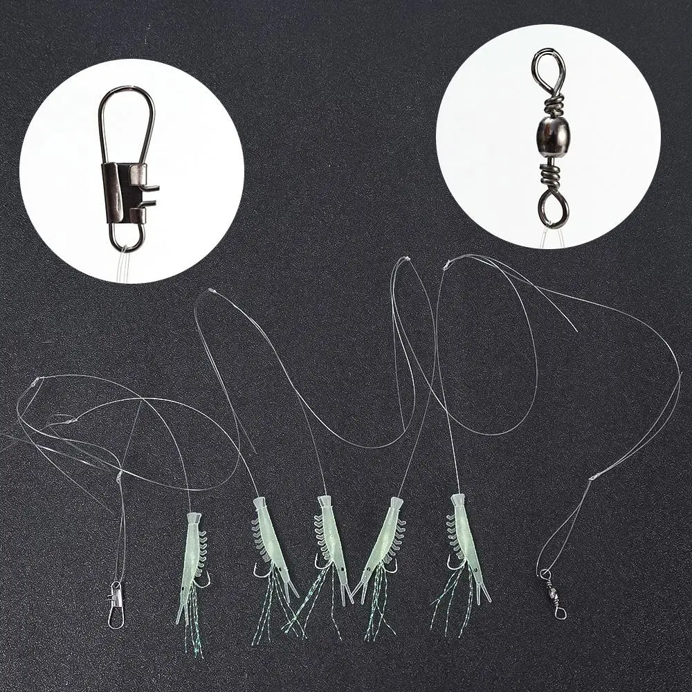 Anti-Winding Glowing String Hook Luminous Soft Shrimp Fishing Hook Mackerel Feathers Night Fishing Simulated Fish Skin String Hook Soft Bait For Lake River Sea Boat Fishing Accessories