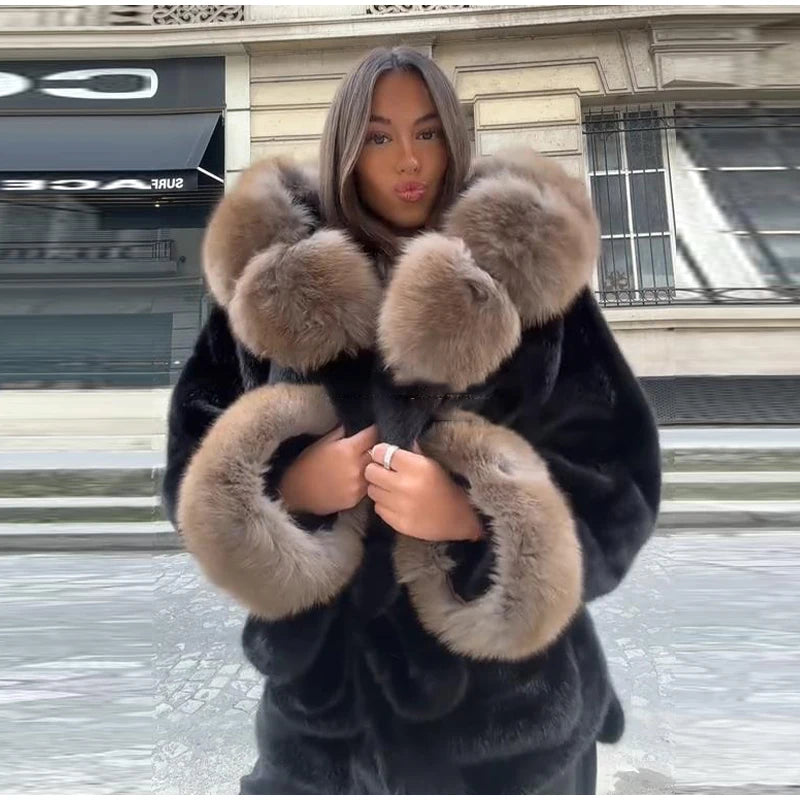 UK Size White/Gray/Brown/Black Color Hoody Mink  Fur Furry Coats Women Fashion Belt Long Sleeve Pocket Thicken Warm Jacket Autumn Winter Urban Lady Streetwear
