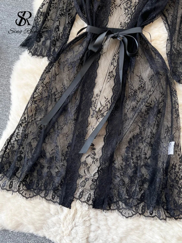 Mesh Sheer Sensual Cardigan Nightwear Women V Neck Lace Print Night Dress Summer Long Sleeve Lingerie Erotic Pajamas