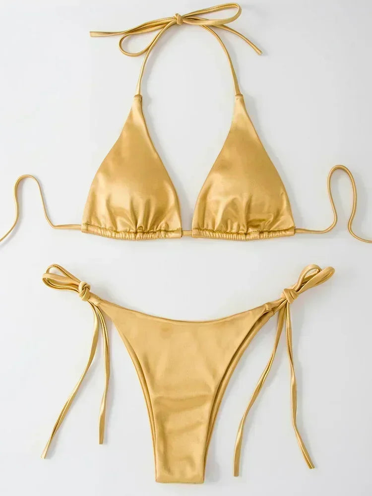 18 Colors UK Size Halter Brazilian Metallic Satin Bikini Women Swimwear Female Swimsuit Two-pieces Bikini Set High Cut Bathing Suit Swim Beachwear