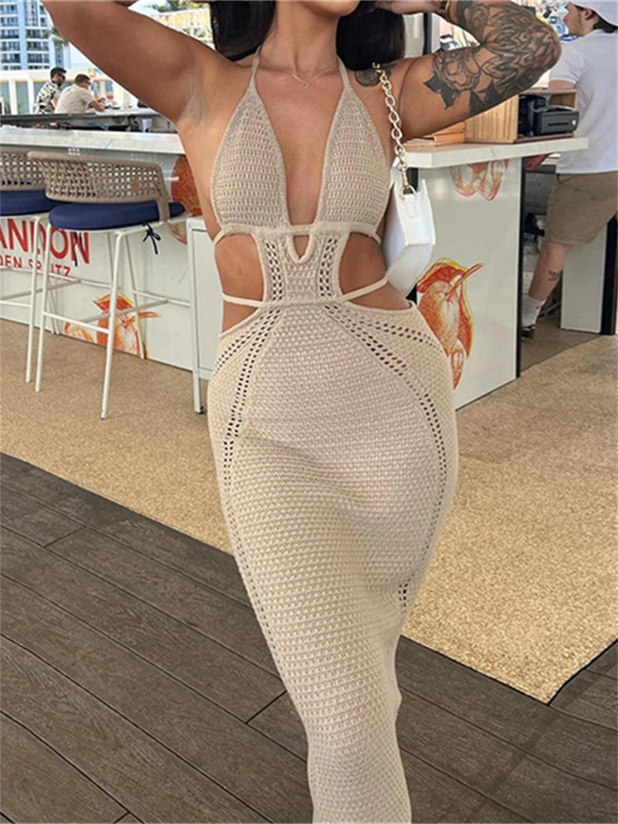 Women Halter Tie-up Knit Crochet Beach Dress Sexy Backless Sleeveless Deep V Cutout Waist Wrapped Bodycon Dress Clubwear