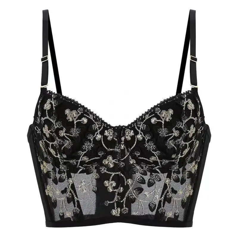 Retro Sexy Court Flower Embroidered Lace Underwear Thin Soft Steel Ring Closure Breast Gathering French Bra Set