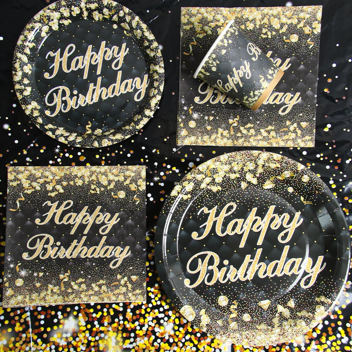 Black Gold Disposable Tableware Paper Plates Cup Happy Birthday Party Decoration 30 40 50 60 Baby Shower Birthday Party Supplies