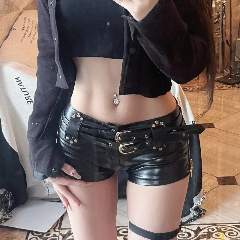 New Sexy Low Waist PU Leather Pants Artificial Lederhosen Summer Elastic Belt Casual Shorts Women