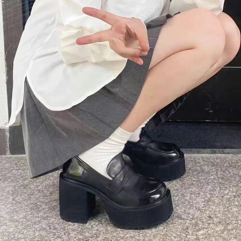 Leather Women's Platform Loafers Gothic Black Chunky High Heels Pumps Woman Preppy Style Jk Uniform Shoes Mujer