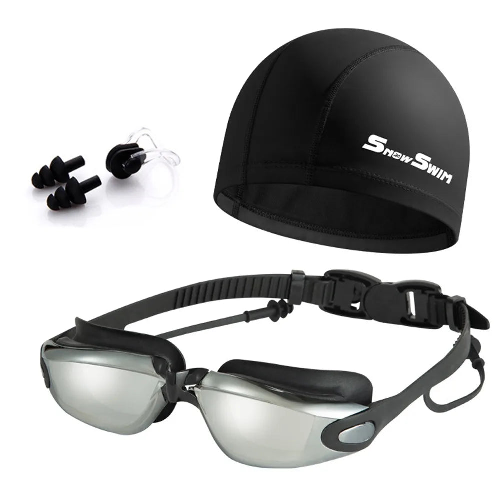 NEW 4 PCS Set Anti-Fog Adult Myopia/ Transparent/ Electroplated Professional Swimming Goggles Set with Nose Clip, and Ear Plugs Adjustable Silicone Swim Cap Waterproof Ultralight