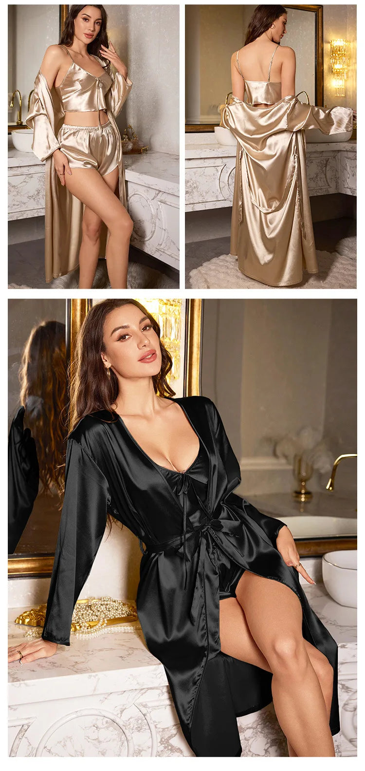 3 PCS Set S-XL Black/Champagne Color Ice Silk Sexy Women Pajamas Ladies Nightgowns Satin Robes Nightdress Sling and Short Women Robe Ladies Luxury Sensual Underwear Ensemble Clothes