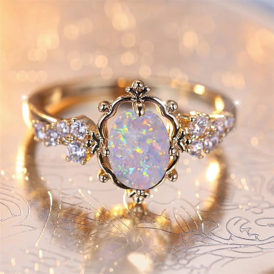 NEW Arrivals White Fire Australian Natural Pure Opal Oval Stone Luxury Flower Rings (6-10 Size) For Women Vintage Gold Color Bridal Wedding Ring Birthstone Jewelry Engagement Band Gift