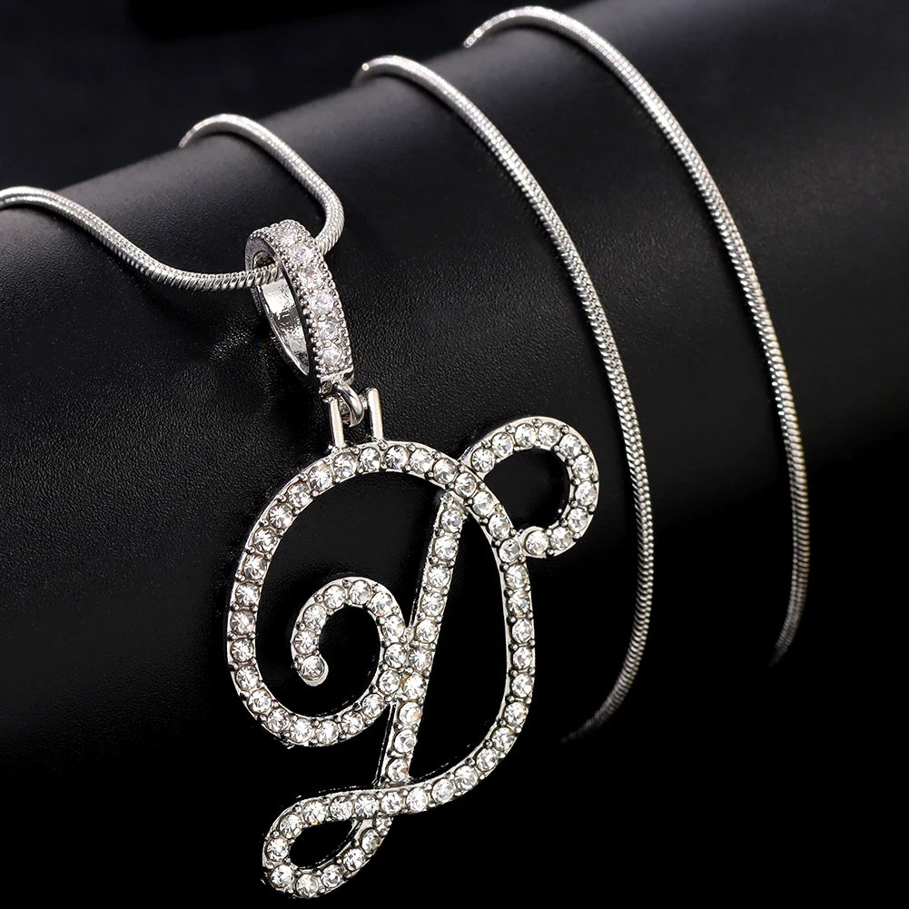 Women’s A-Z Rhinestones Initial Letters Pendant Necklace, CZ Paved Initial Charm with Snake Chain, Elegant Iced Out Bling Jewelry Gifts