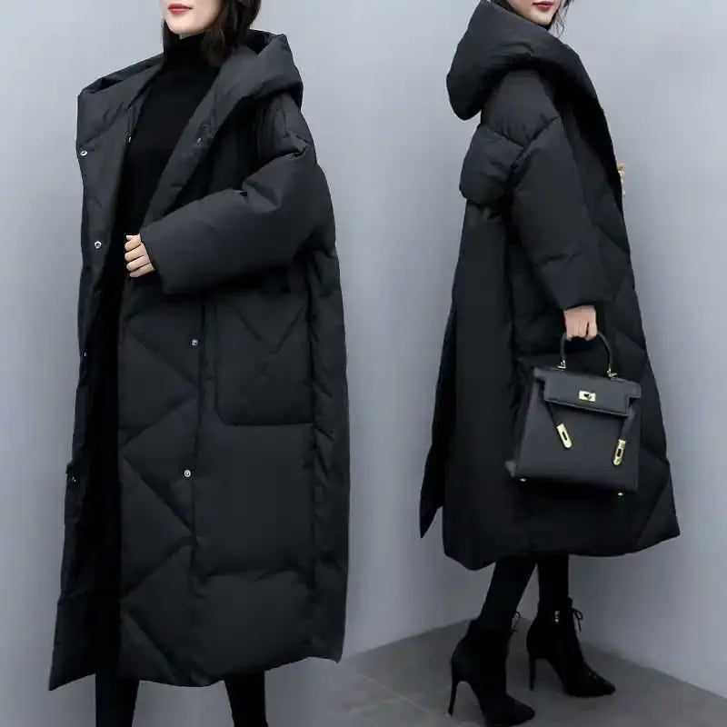 UK Size S(8)-3XL(20) Long Thick Parkas Zipper Hooded Spliced Jackets Women Maxi Warm Loose Coats Pockets Autumn Winter Y2K Coat Warm Parkas Coat