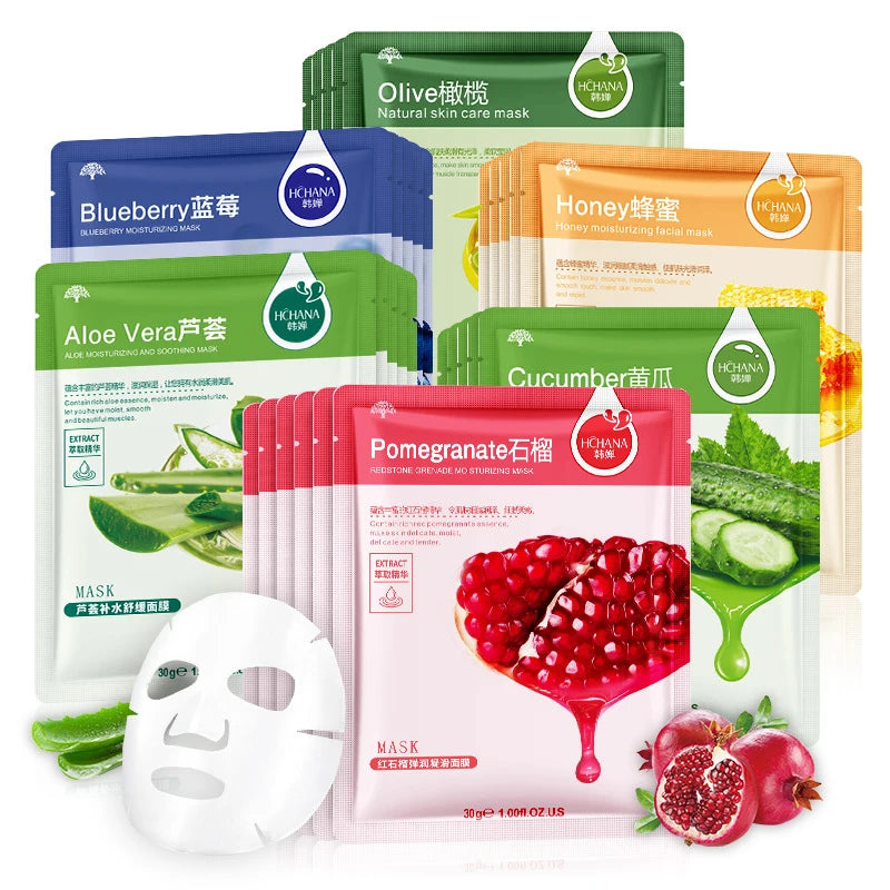 NEW Arrivals 30pcs ( 5pcs each type) Natural Plant Facial Mask Moisturizing Oil Control Firming Hyaluronic Acid Fruit Aloe Korean Sheet Face Mask Beauty Skin Care Products