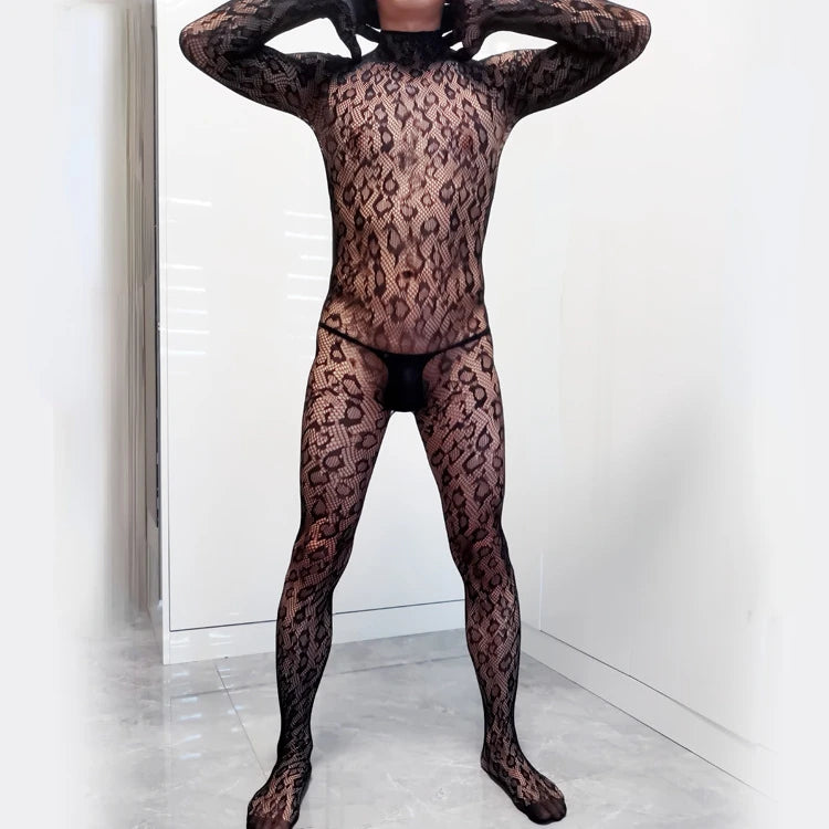 Men's Bodystockings Leopard Bodysuits Male Long Sleeved Gloves One-piece Lingerie Black Fishnet Pajamas Cool Gentlemen Sleepwear
