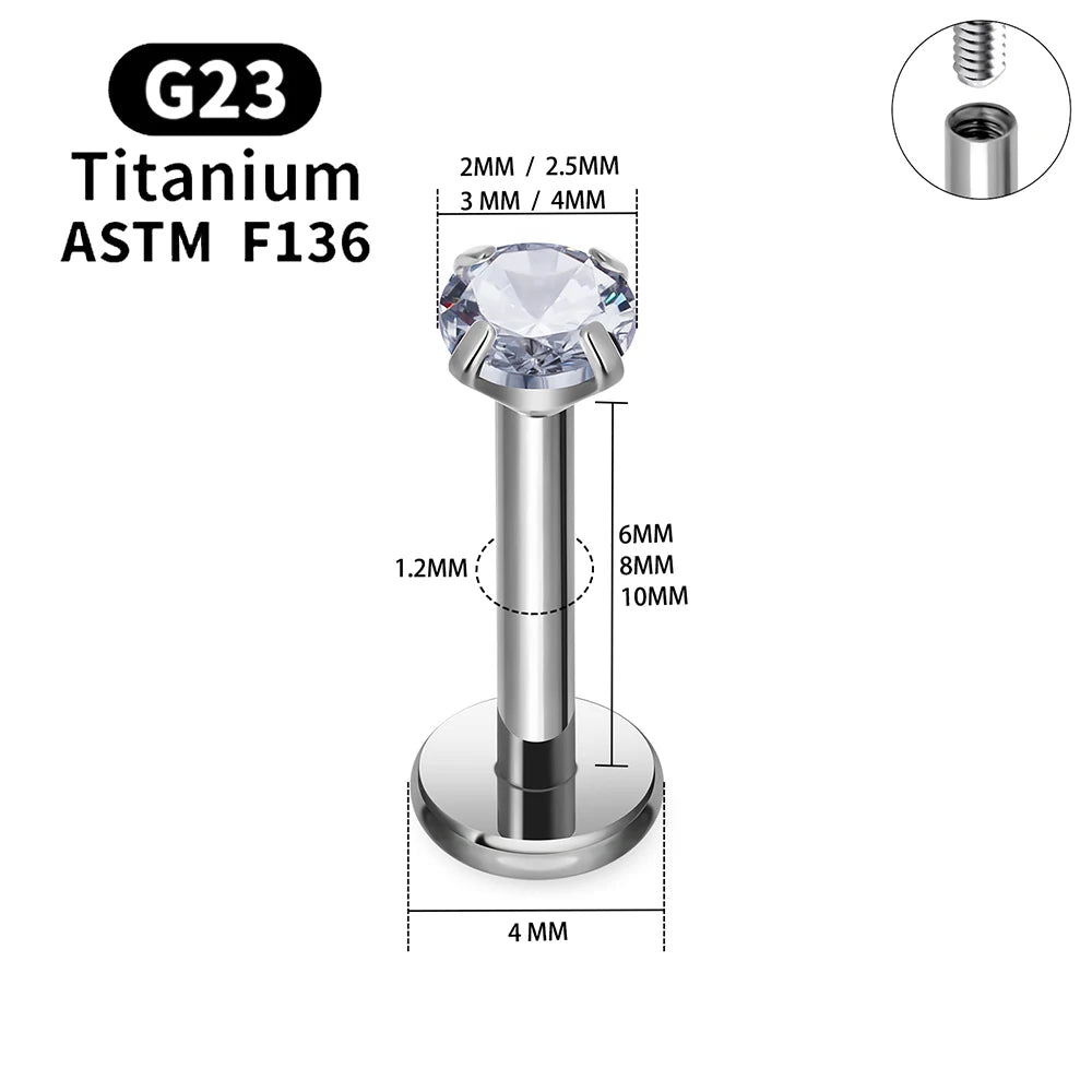 New Arrivals "50PCS" Gold/Silver G23 Titanium Piercing Labret Lip Studs 16G CZ Internally Threaded Stud Earring Lip Ring Tragus Cartilage Helix Jewelry Fashion Supplies