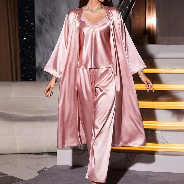 NEW 3PCS Set S-XL 6 Colors Ice Silk Luxury Spring Autumn New Female Honeymoon Pajamas Sleepwear Sexy Lace Long Bath Robe Kimono Gown Home Wear Loose Satin Loungewear
