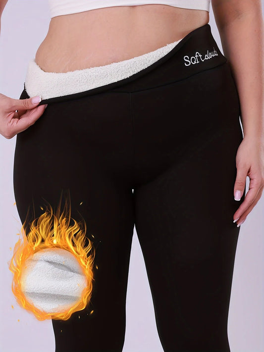 XL-5 XL Plus Size Winter Chubby Women Warm Leggings Plush Lined Thermal Pants Thickened Letter Embroidery Slim Elastic Tights Home Wear Outdoor Hiking Fitness Gym Curvy Ladies Sports Apparel