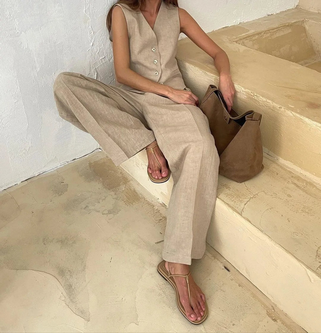 Just Arrived 2 PCS Set 4 Colors UK Size  Women Linen Cotton Chic Vest ＆ Pants Suit  Office Ladies Summer Chic  Women's Outfits