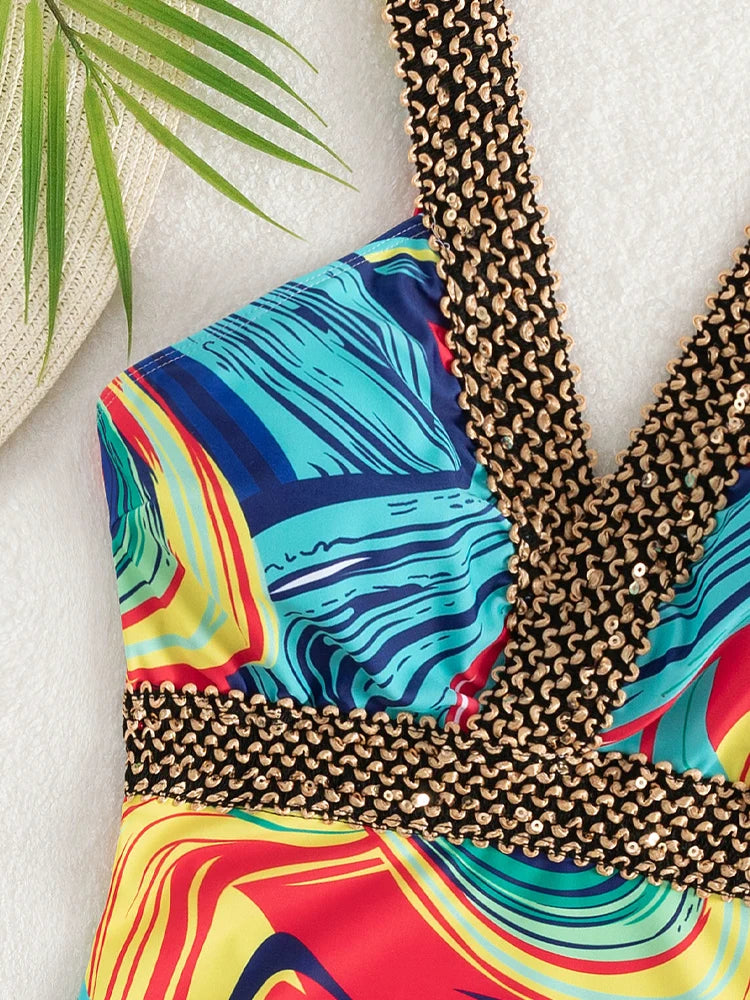 Sexy Print Strapped Swimwear Women Push UP One Piece Swimsuit Monokini Backless Hollow Summer Bathing Suit