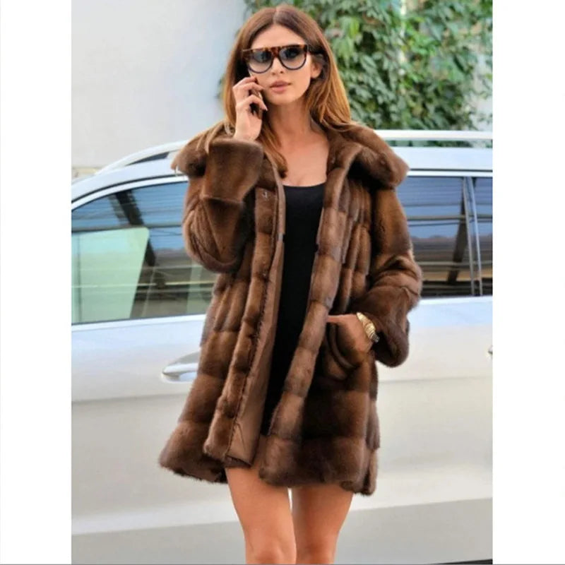 NEW Arrivals UK S-3XL Size Women Faux Fox Fur Mid Length Coats Thick Warm Open Stitch Coat Hooded Full Sleeve Casual Elegant Splice Autumn Winter Warm Outerwear