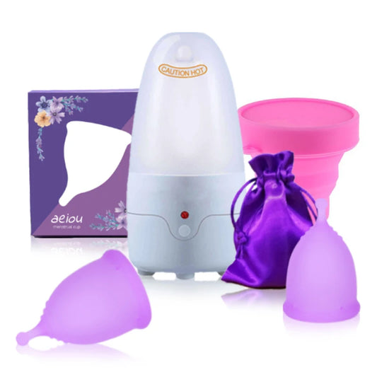 3-in-1 Set Menstrual Cup Steamer Sterilizer Cleaner and Period Cup 99.9% Germs Killer Machine For Women Menstrual Collector Automatic Timing Shut Off Switch Health Hygiene Care Supplies Medical Accessories