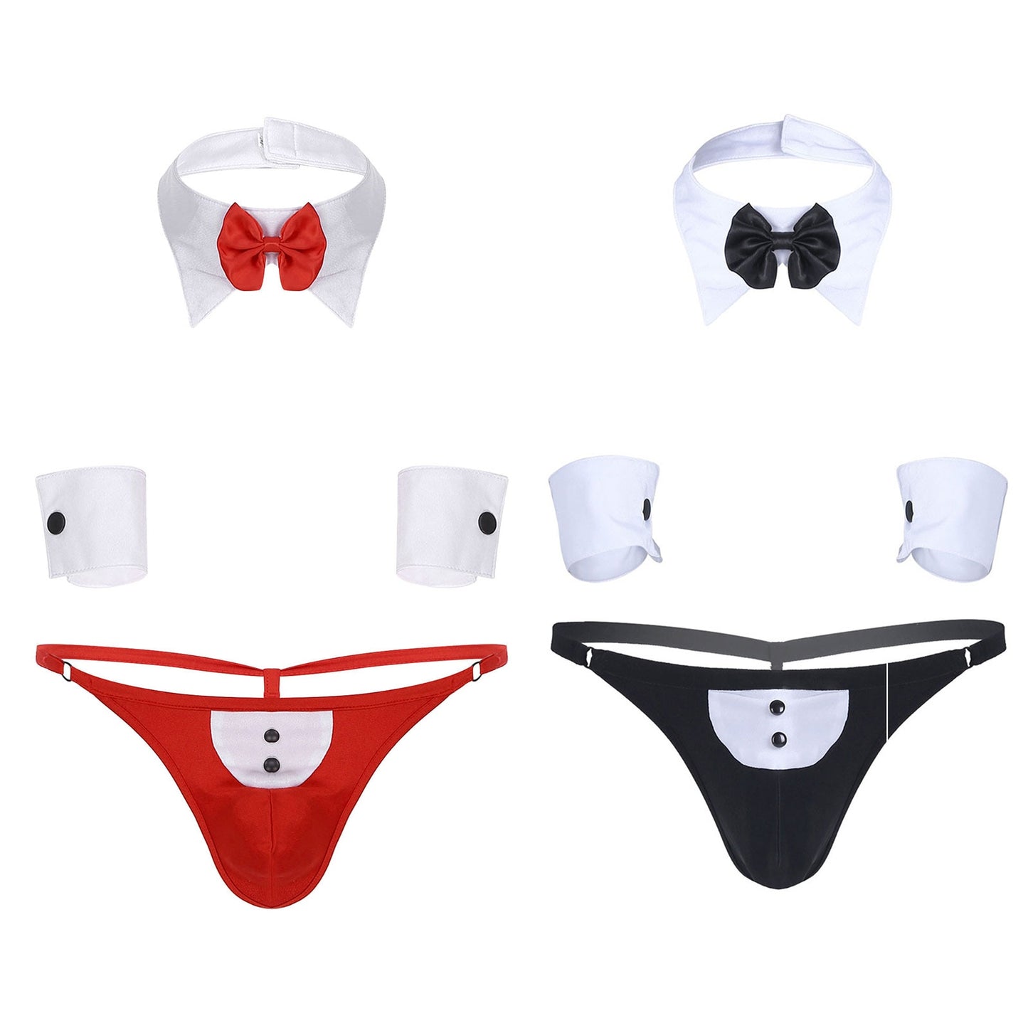 Mens Waiter Lingerie Set Sissy Sexy Tuxedo Costume G-string Thong with Bow Tie Collar and Bracelets 3Pcs Set Cosplay Underwear