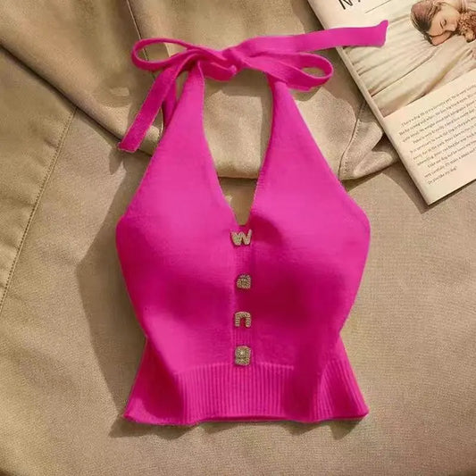 NEW BRAND S-XL UK Size 10 Colors Hot Girl Halter Neck Suspender Top Female Summer Wear Inside and Outside Tank Top Slim Design Off Shoulder Cropped Knit Vest
