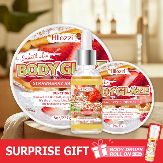 3 PCS Set Strawberry Set Includes 30 ml/1 FL OZ Body Drops and 2 oz/57 g or 8 OZ Body Glaze, Plus a Complimentary 5 ml/0.17 g Roll-On Skin Care Sets Korean Products