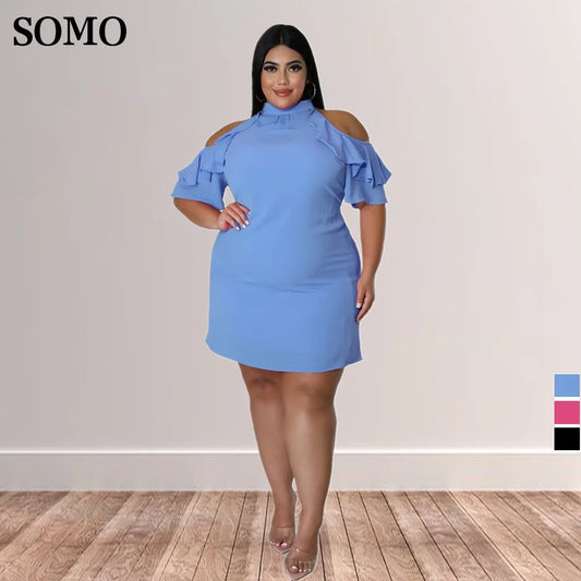 Fashion Ruffles Plus Size Women Clothing Sexy Off Shoulder Mini Dress Summer Party Club Wear