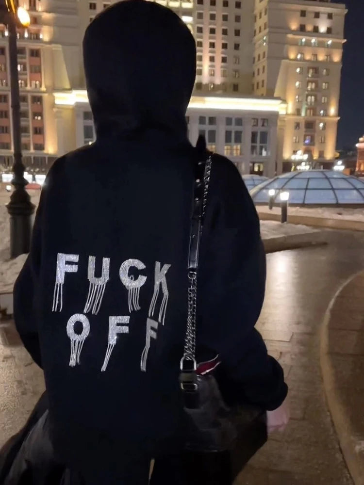 Chain Tassel Oversized Hooded Sweatshirts Goth Punk Streetwear Rhinestones Letter Loose Hoodie Women 2023 Fashion Diamond