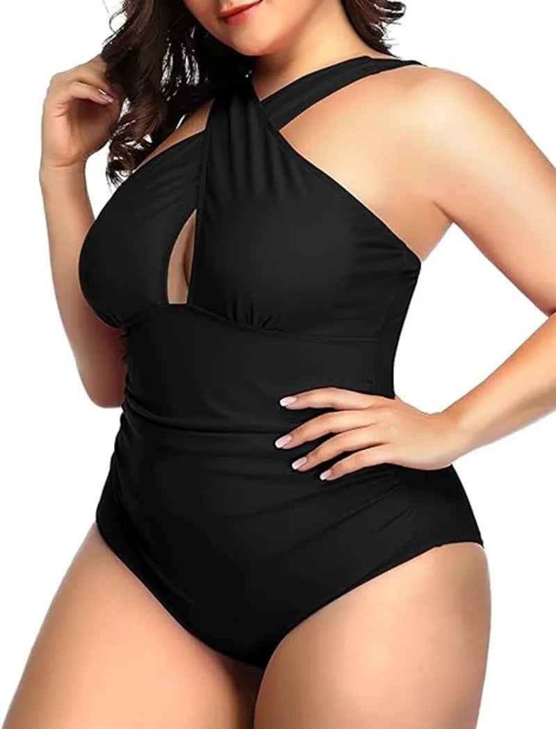 Summer Women Plus Size One Piece Swimsuits Front Cross Tummy Control Black Sexy Swimwear Backless Bathing Suit