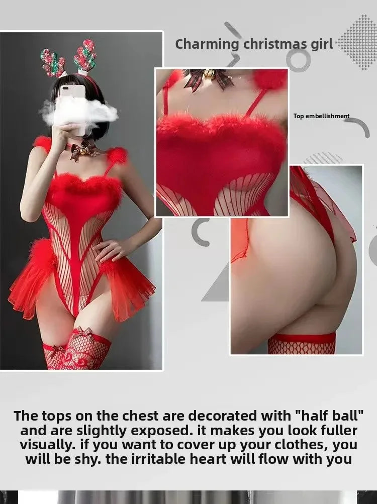 NEW Arrivals Sexy Santa's Elf Plush Onesie Temptation Christmas Deer Velvet Sexy Net Suit Underwear Role Play Cosplay Uniform Set