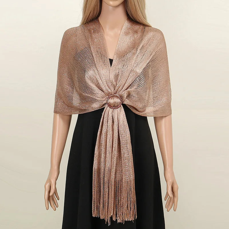 Sparkling Metallic Scarf with Buckle Female Evening Party Shawl Elegant Gold Silver Shiny Shawls for Bridal Wedding Wraps