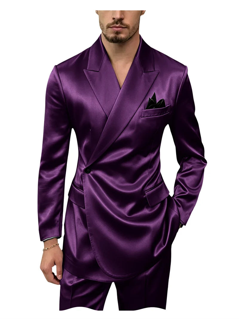 8 Colors 2 PCS Set S-7XL Extra Plus Size Men's Luxury Satin Suit Asymmetrical Wrap Peak Lapel Silk Suit One Button Slim Fit Blazer Pants Wedding Celebrity Red Carpet Business Formal Evening Luxury Outfit