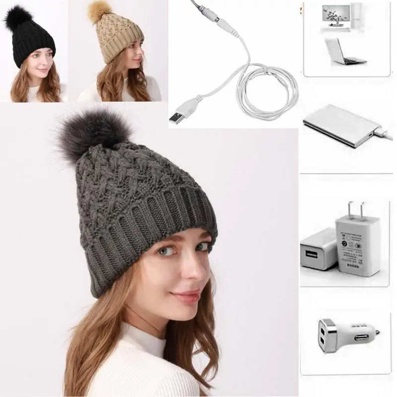 Heated Hat Efficient Heat Transfer Heated Hat Women Rechargeable Warm Winter Hat Knit Skull Cap Outdoor Sports Heated Beanies