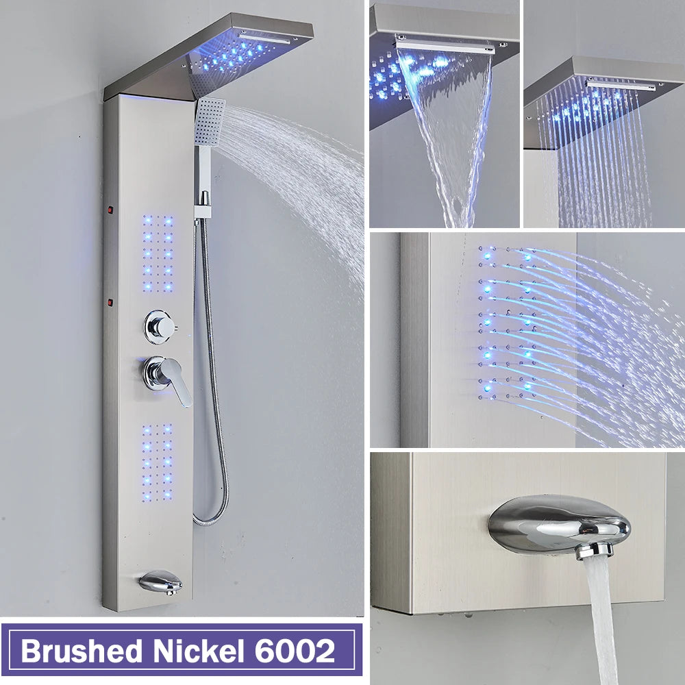 Silver Nickel and Black Color Luxury Massage Spa Shower Column LED Lights Rainfall Bathroom Faucet with Massage Jet Bath Panel System  5 Modes Waterfall Hot Cold Mixer Tap Home Hotels Bathroom Supplies