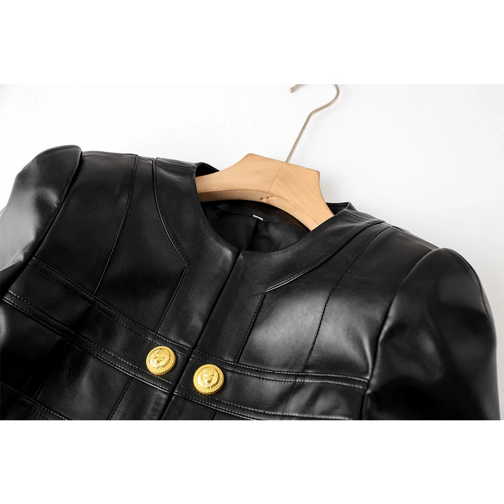 Cool Black Block Leather Slim Short Jacket Casual Buttons Full Sleeve Shoulder Pad O Neck Women Coat