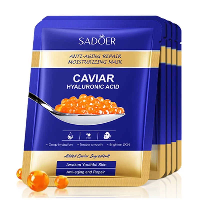 5 PCS Set  Caviar Hyaluronic Acid Moisturizing Facial Masks Brightening Firming Hydrating Face Mask Facial Skin Care Products