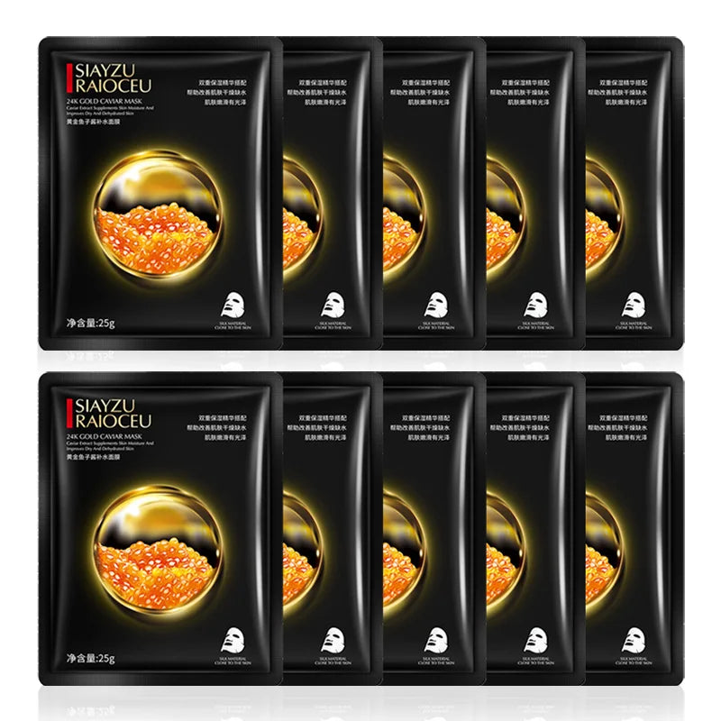 10 PCS Set Korean GOLDEN CAVIAR Moisturizing Facial Masks Refreshing Oil Control Anti-Aging Anti Wrinkles Face Mask Facial Women Skin Care Top Quality Supplies Korean Products