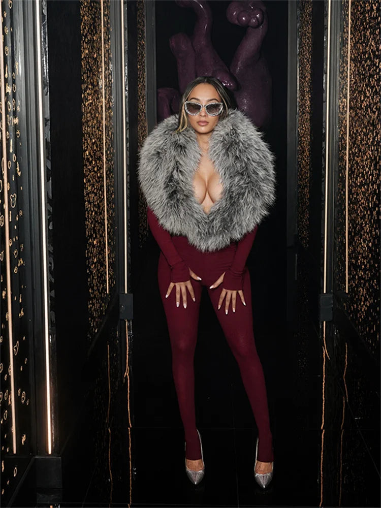 UK Size 4 Colors Furry Deep V-Neck Jumpsuits Woman Hipster Patchwork Trend Sexy Stretch Fitness Club Activity Luxury Midnight Overalls