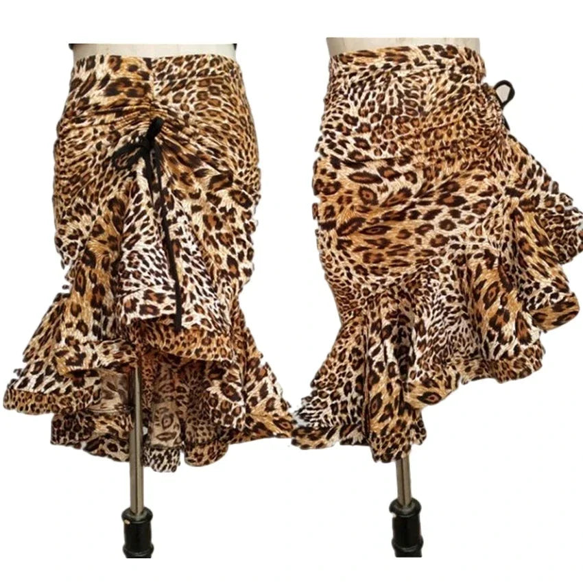 NEW Arrivals S-3XL Leopard  Women Classic Latin Dance Costumes Asymmetrical Ruffle Mermaid Skirt Lady Salsa Cha-cha Tango Rumba Girls Dress Ballroom Competition Dancing Ladies Dresses