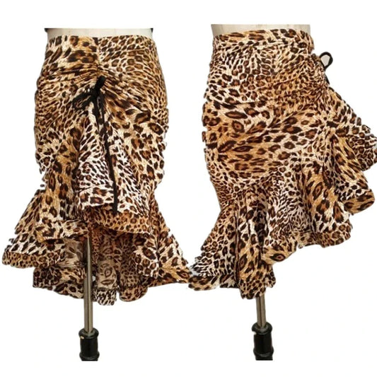 NEW Arrivals S-3XL Leopard  Women Classic Latin Dance Costumes Asymmetrical Ruffle Mermaid Skirt Lady Salsa Cha-cha Tango Rumba Girls Dress Ballroom Competition Dancing Ladies Dresses