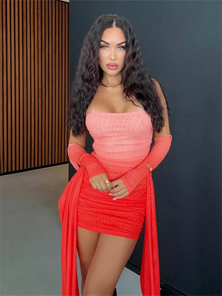 UK Size 6 Colors Summer Vacation Sexy See Through Dress + Shawl Women Ruched Side Ribbon Coquette Skinny Midnight Clubwear Party Bodycon