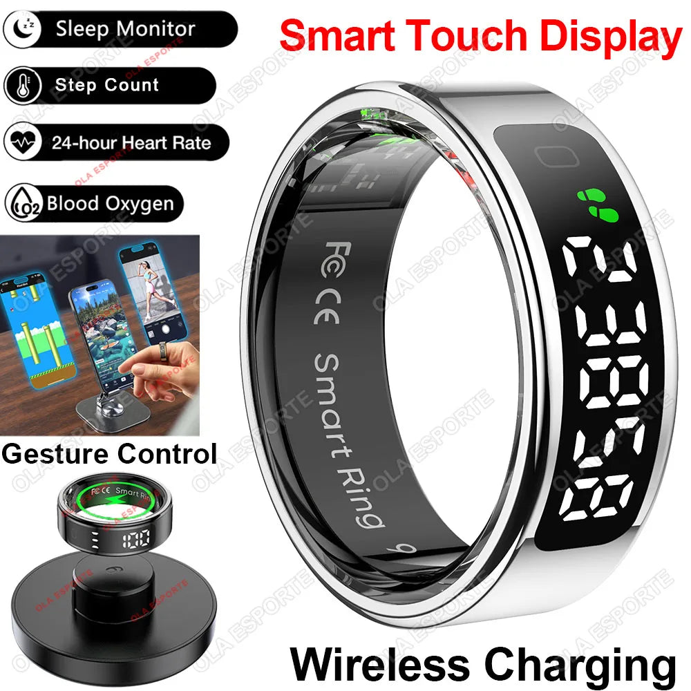 New Women Elderly Men Smart Ring with Wireless Charger Gesture Brush Tik-Tok Display Screen Health Monitoring IP68 5ATM Waterproof Rings Health Care Supplies