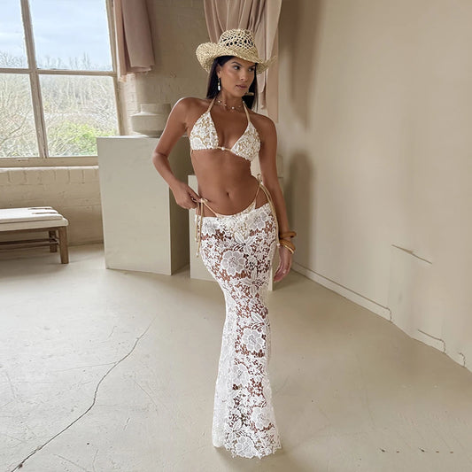 NEW Arrivals 3PCS Set UK Size S(8)-L(12-14) Sexy White Lace Bikini Suit Women Swimsuit Swimwear Long Sarong Cover Up Bikini Set Ladies Beachwear Bathing Swimming Suit