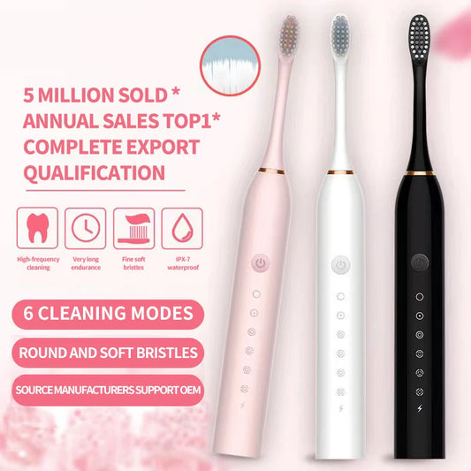 NEW Arrivals 2 Heads 3 Brushes Set Sonic Electric Toothbrush for Adults IPX7 Waterproof DuPont Brush Head USB Rechargeable High Frequency Cleaning 6 Cleaning Modes
