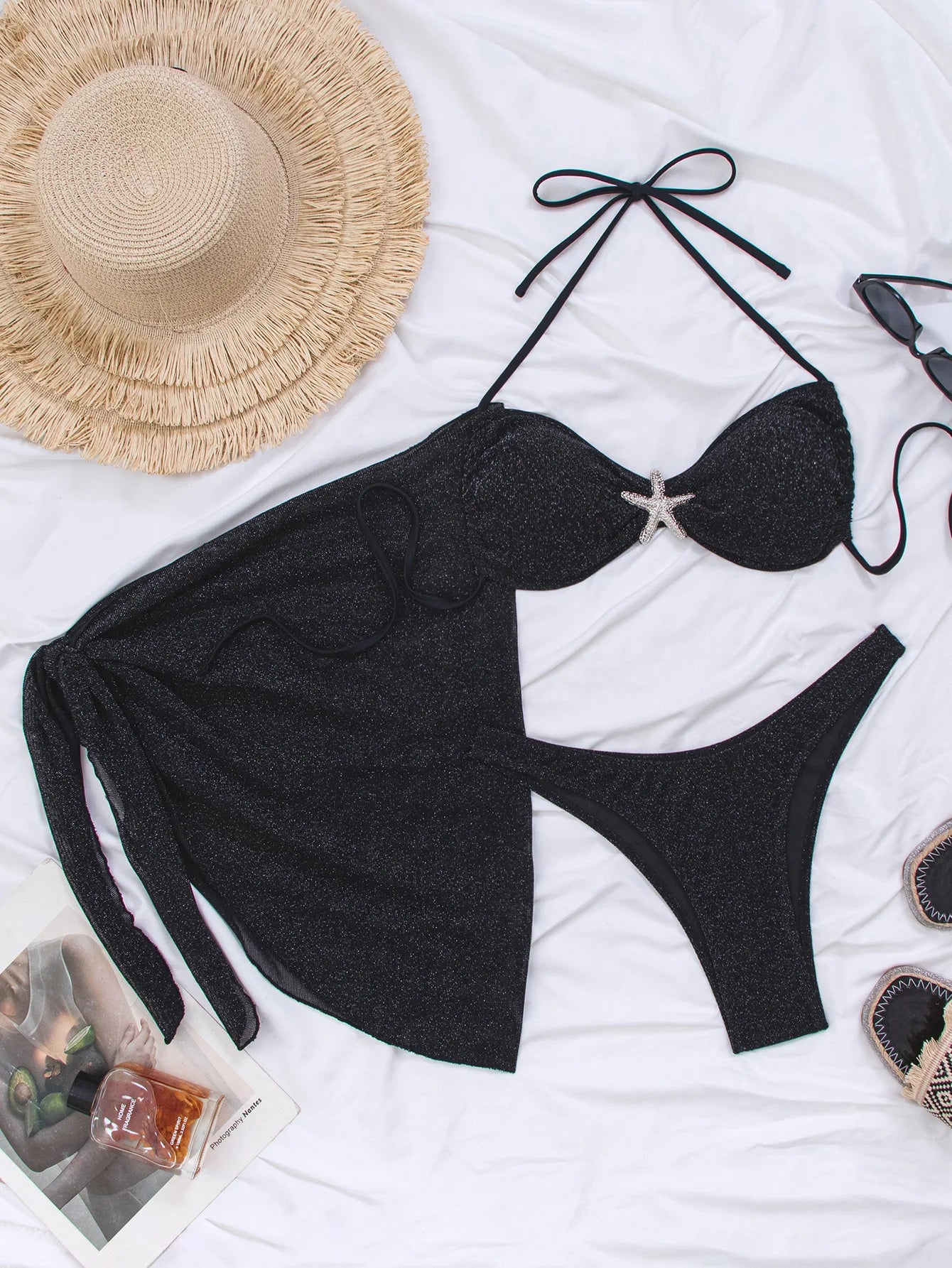 NEW Women's 3 PCS Set Summer Sexy Fashion Solid Color Sparkling Fabric Hanging Neck Strap Split Brazilian Bikini Swimsuit Women Bathing Apparel Suit