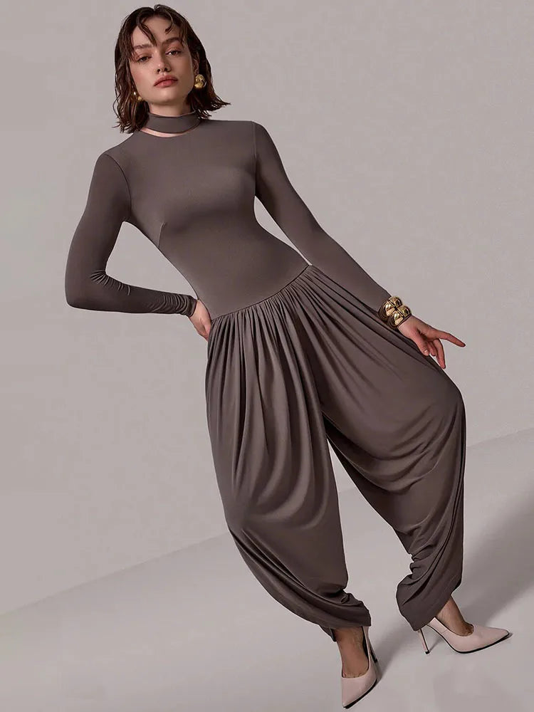NEW Black/Gray/Coffee Color UK Size Long Sleeve Draped Sexy Jumpsuit Women Overalls Autumn Winter New Patchwork Solid Turtleneck High Waist Slim Jumpsuits Girls Streetwear Clothes
