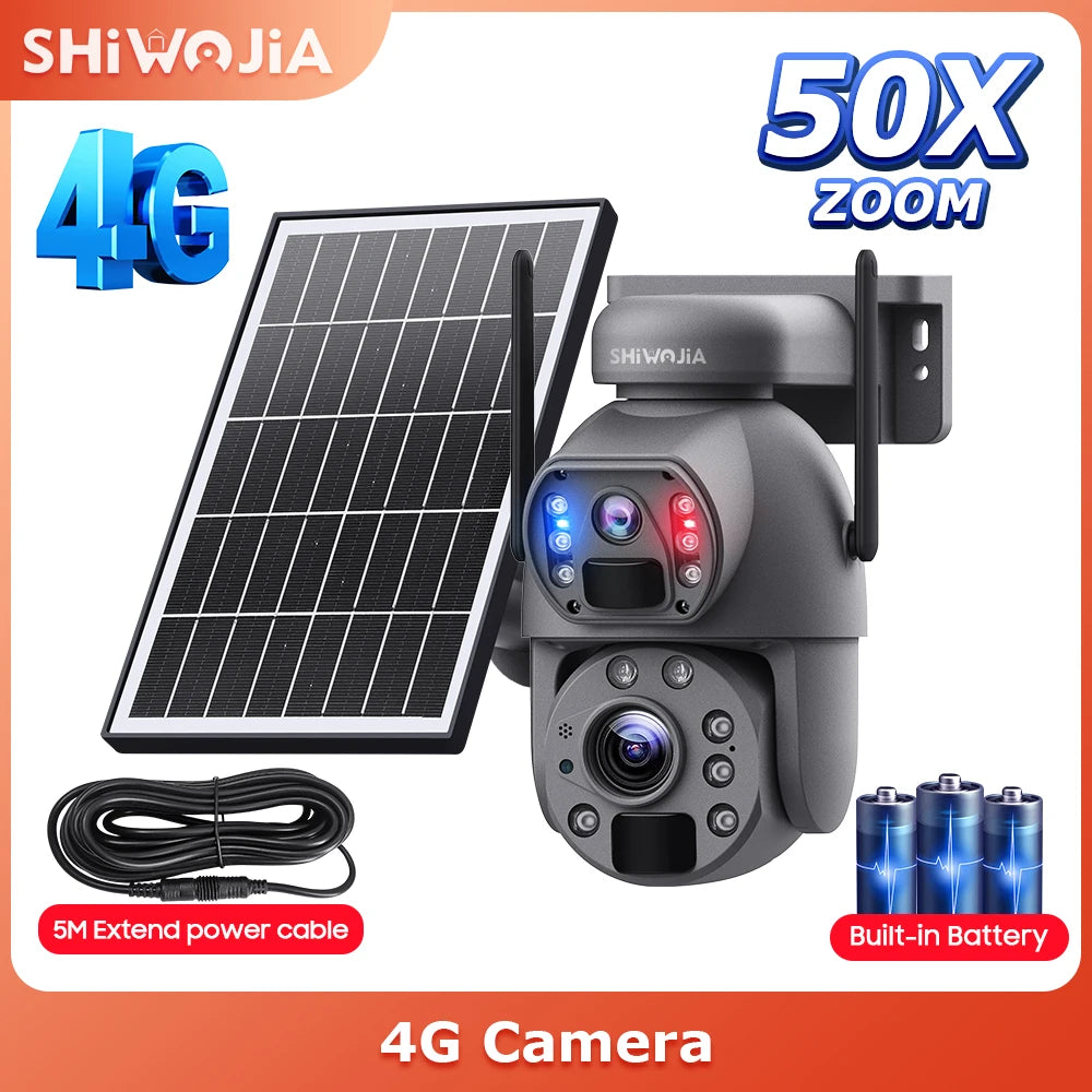NEW 50X ZOOM 12MP 4G Sim Solar Camera Outdoor 360° Wireless WI-FI Battery Security Cameras Solar Panel PIR Night Vision Recording Home Office Factory Security Systems