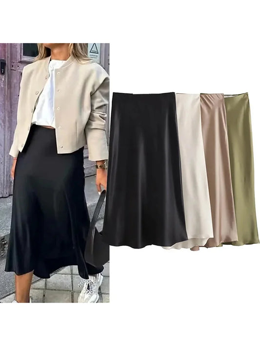 Just Arrived 5 Colors UK Size Luxury Satin Skirt Woman High Waist Elegant Long Skirts For Women Fashion Summer Midi Skirt Office Women's Skirts